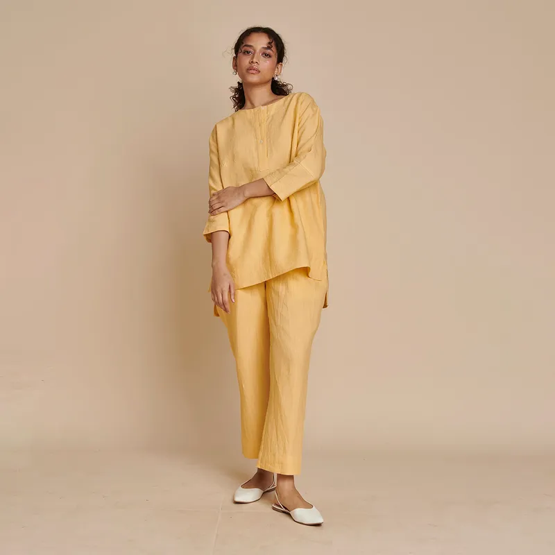 Linen Short Kurta for Women | Yellow | High Low Hemline