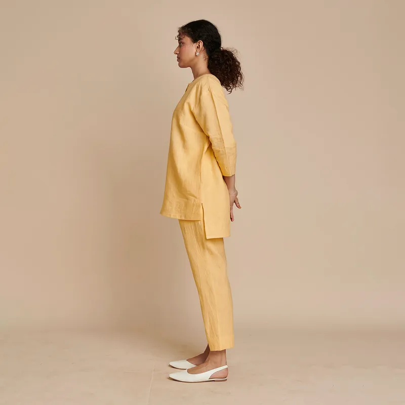 Linen Short Kurta for Women | Yellow | High Low Hemline