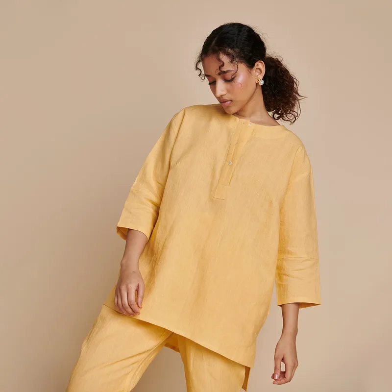 Linen Short Kurta for Women | Yellow | High Low Hemline