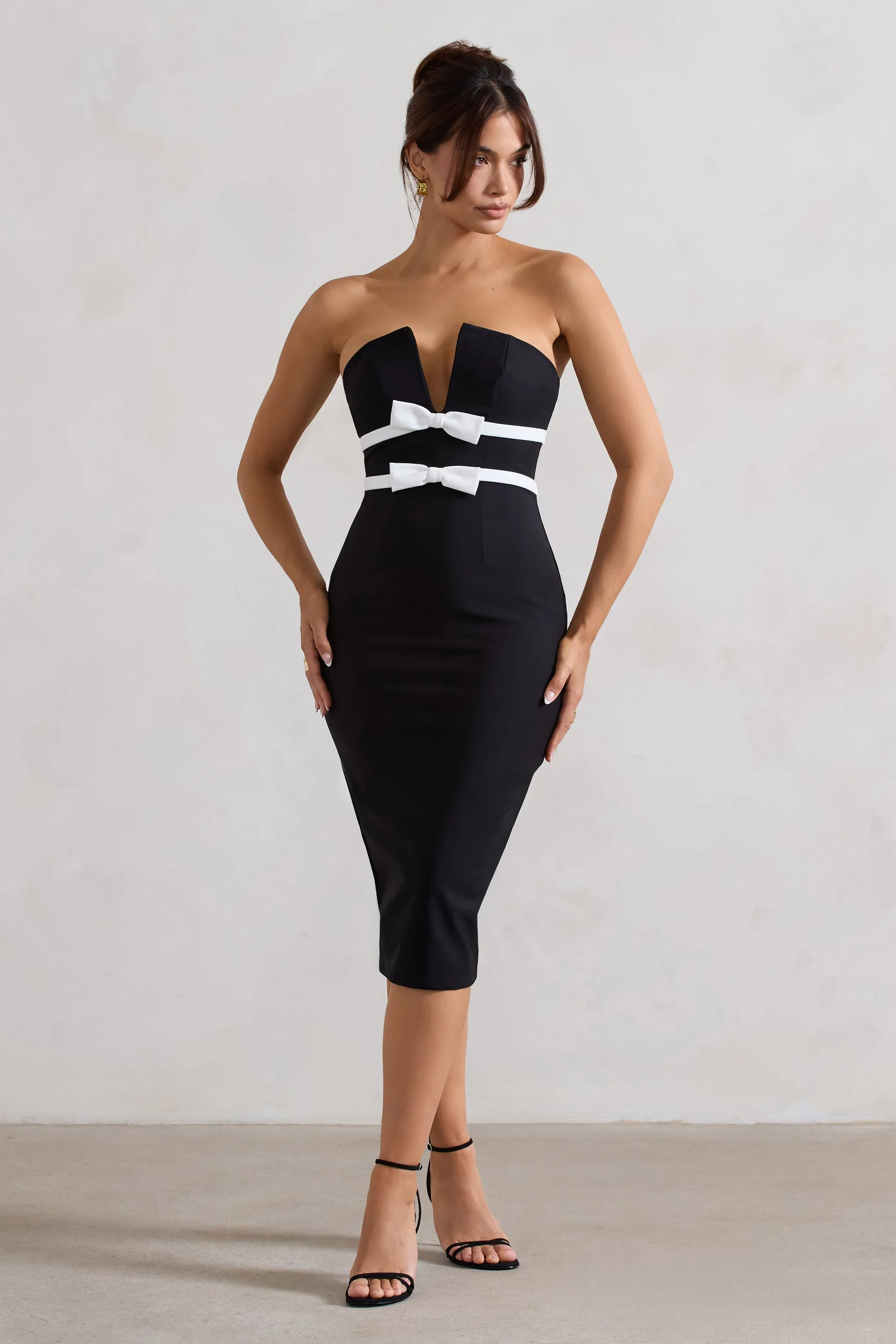 Love Lock | Black Strapless Midi Dress With Bows