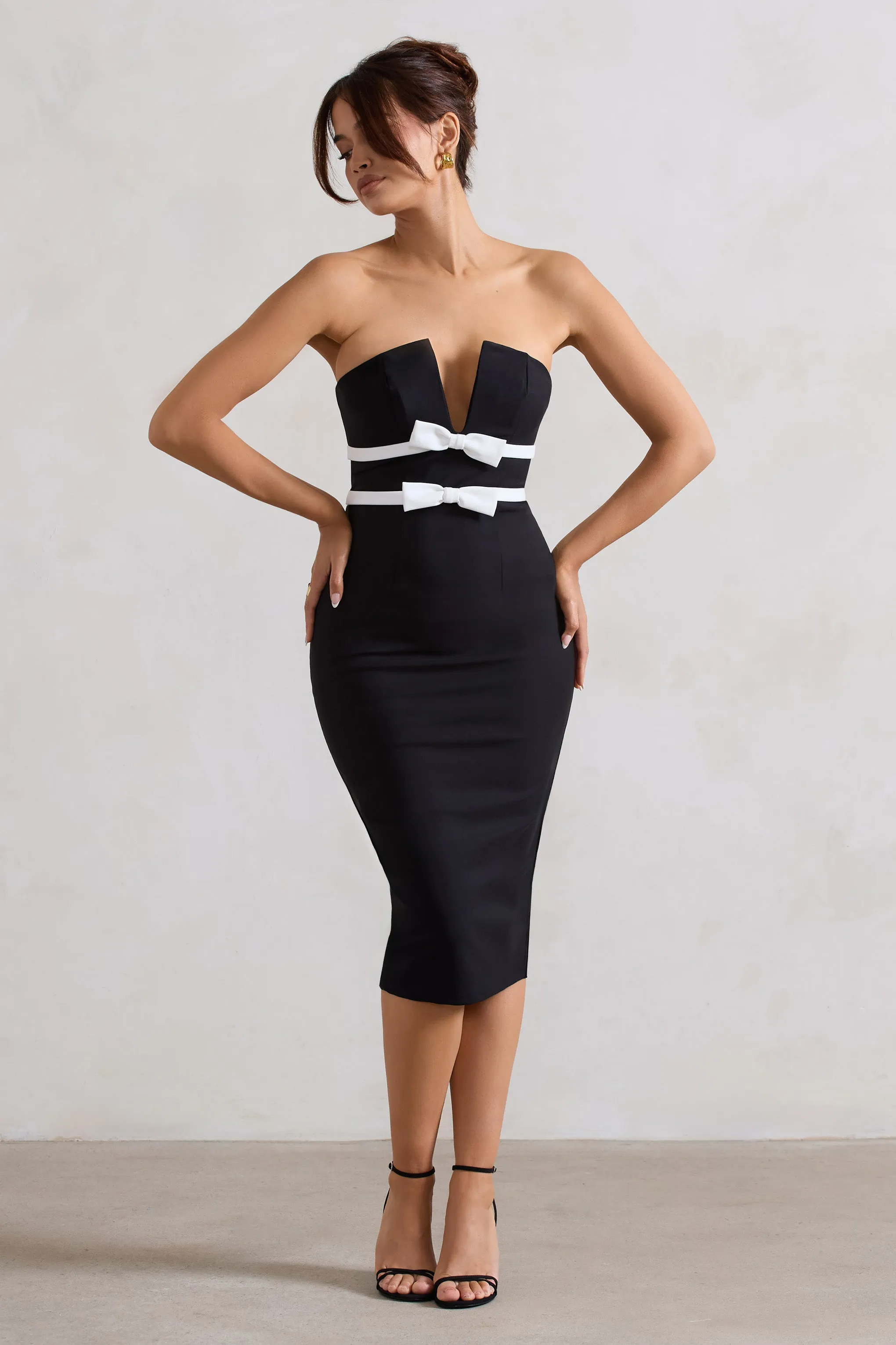 Love Lock | Black Strapless Midi Dress With Bows