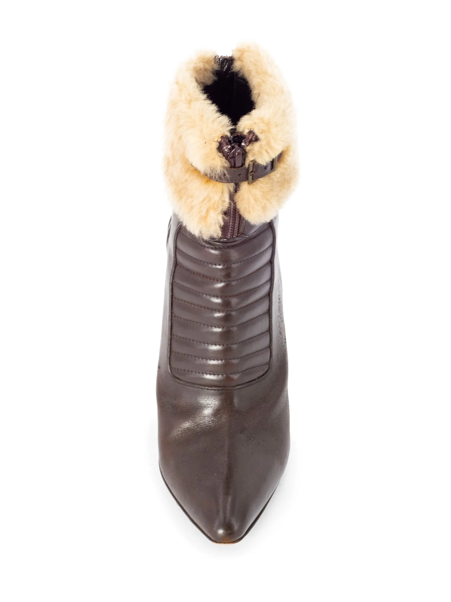 Manolo Blahnik Leather Fur Buckle Ankle Boots Brown
