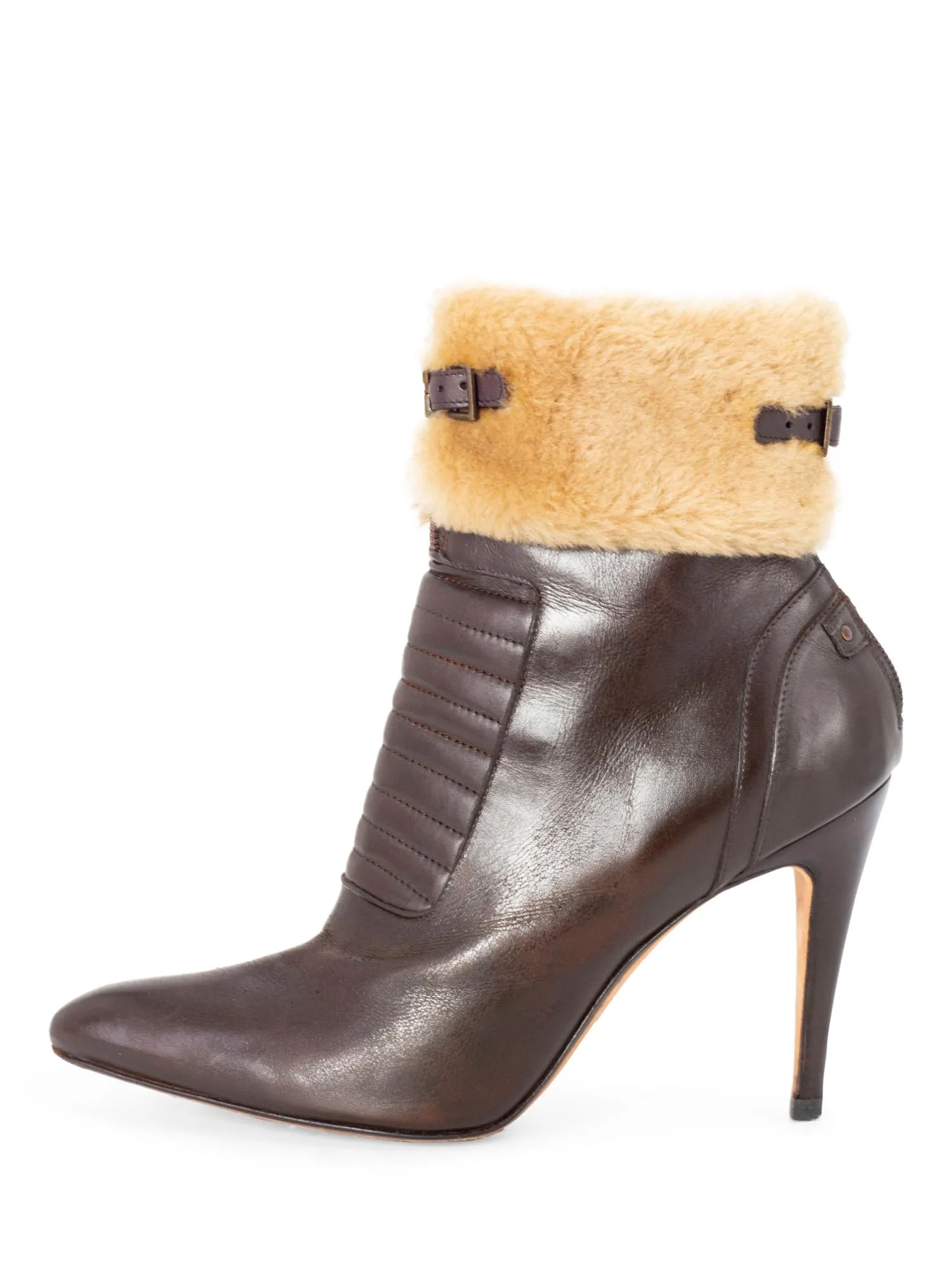 Manolo Blahnik Leather Fur Buckle Ankle Boots Brown