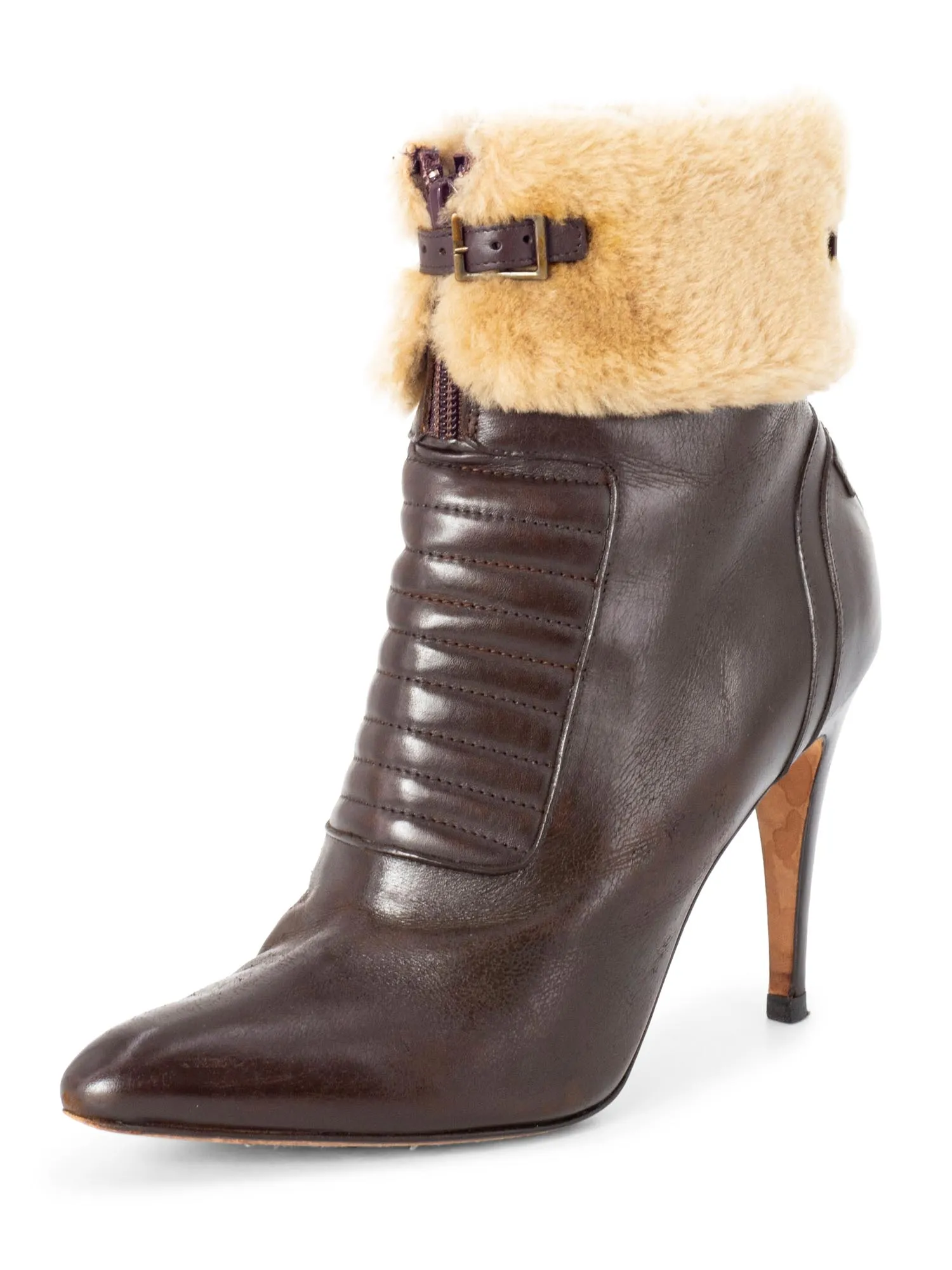 Manolo Blahnik Leather Fur Buckle Ankle Boots Brown