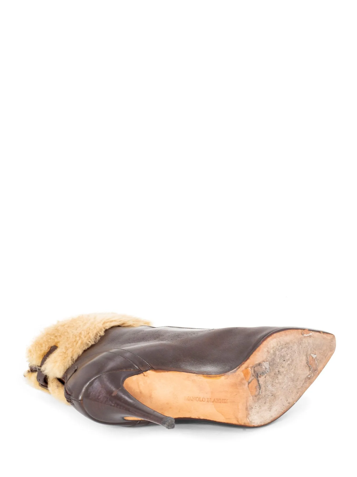 Manolo Blahnik Leather Fur Buckle Ankle Boots Brown
