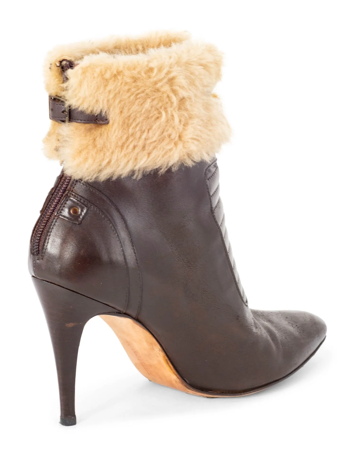 Manolo Blahnik Leather Fur Buckle Ankle Boots Brown