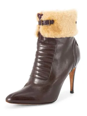 Manolo Blahnik Leather Fur Buckle Ankle Boots Brown