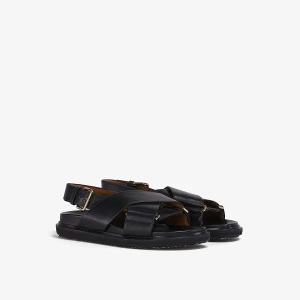 Marni Fussbett Cross Strap Leather Sandals, Black