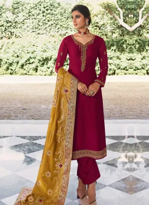 Maroon And Yellow Embroidered Pant Style Suit