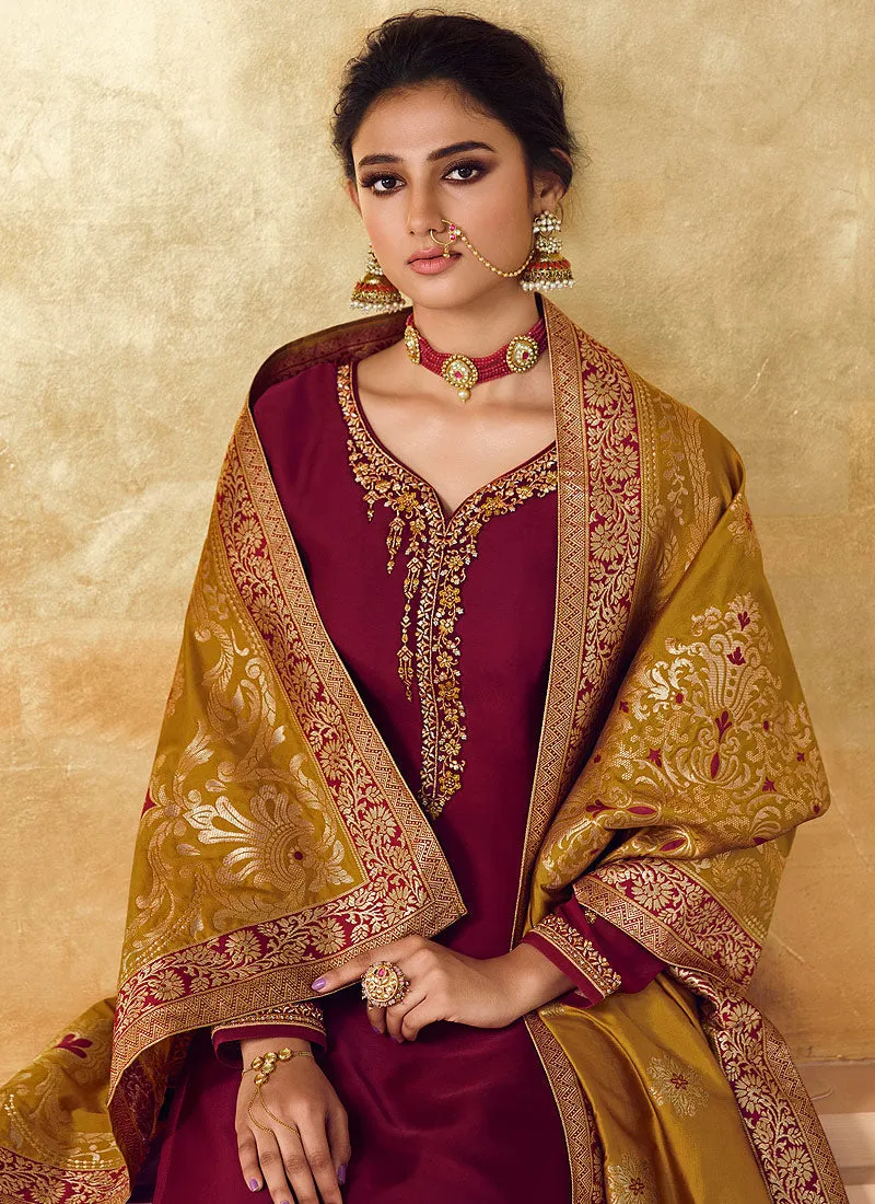 Maroon And Yellow Embroidered Pant Style Suit