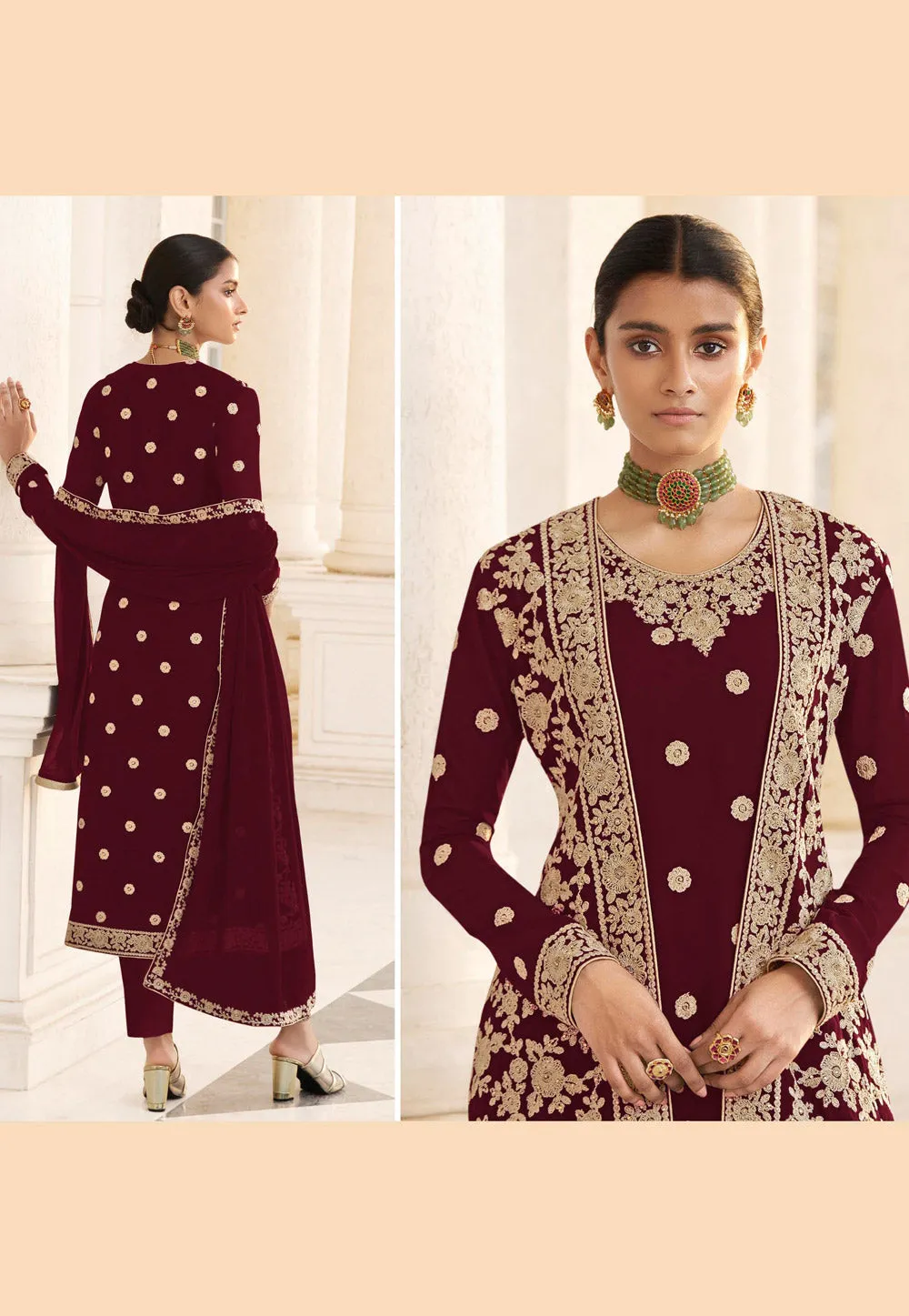 Maroon Embroidered Jacket Style Pant Suit