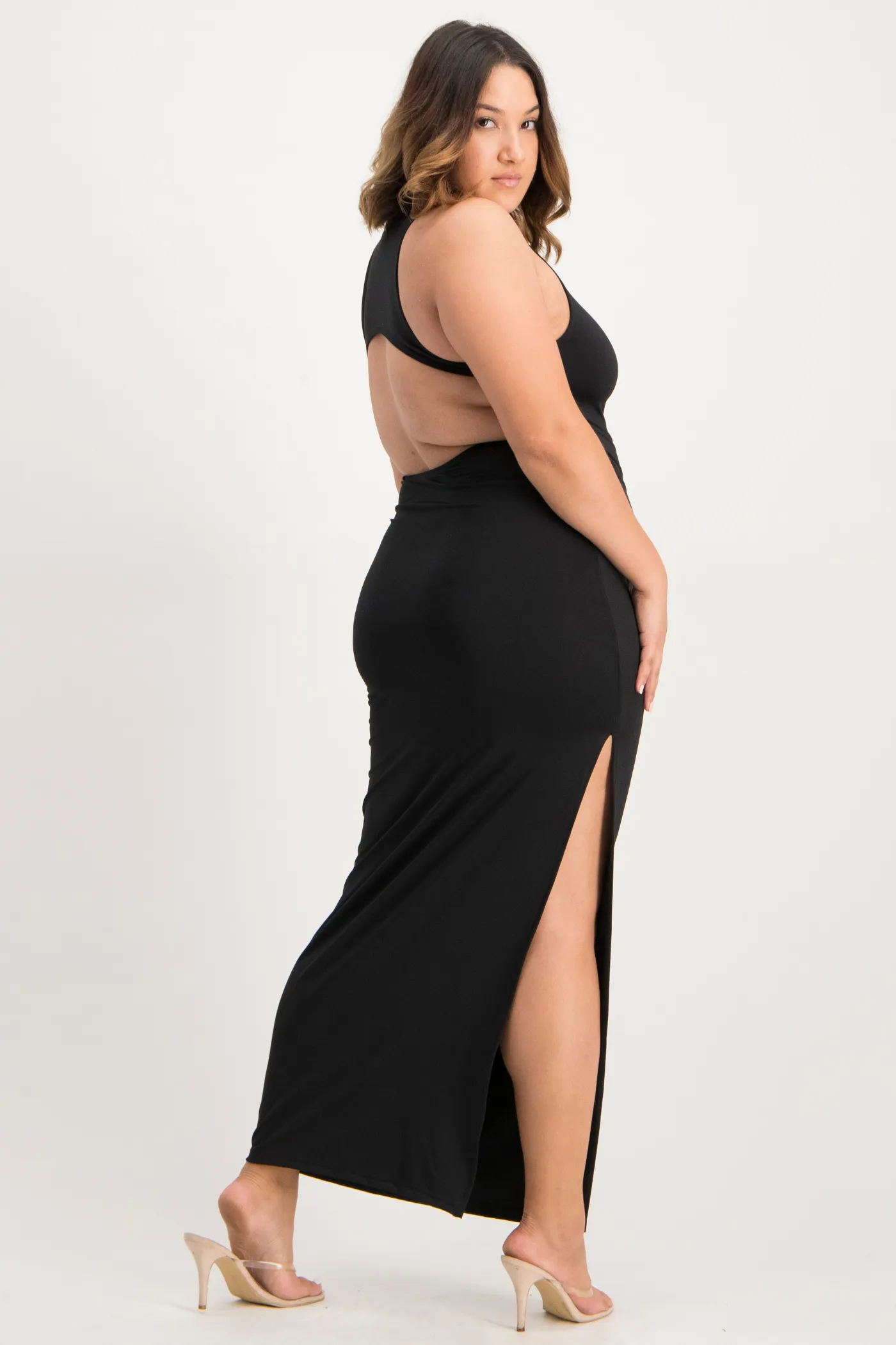 Melanie Open Back Maxi Dress with Slit - Black