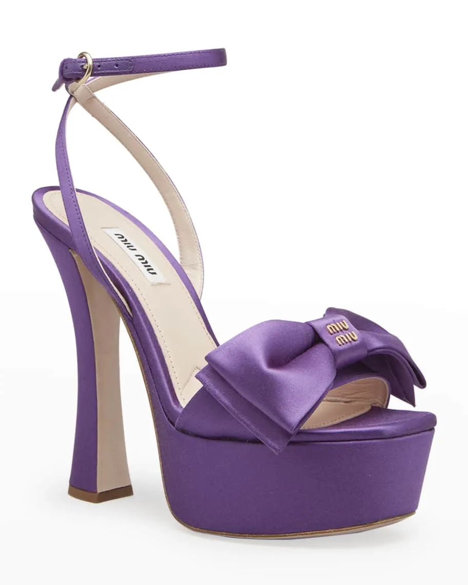 Miu Miu Silk Ankle Strap Platform Sandals with Bow