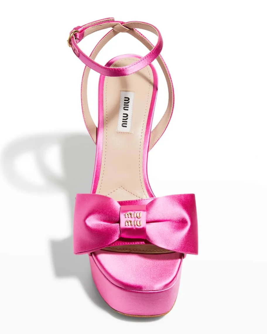 Miu Miu Silk Ankle Strap Platform Sandals with Bow