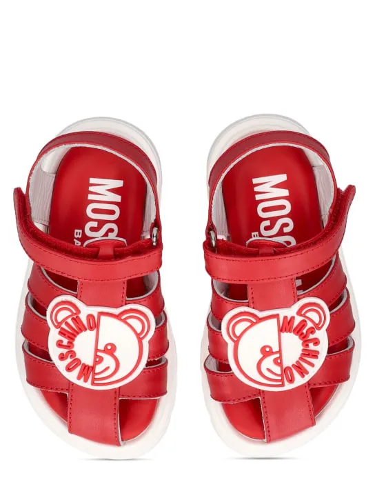 Moschino   Logo print leather sandals w/teddy patch 