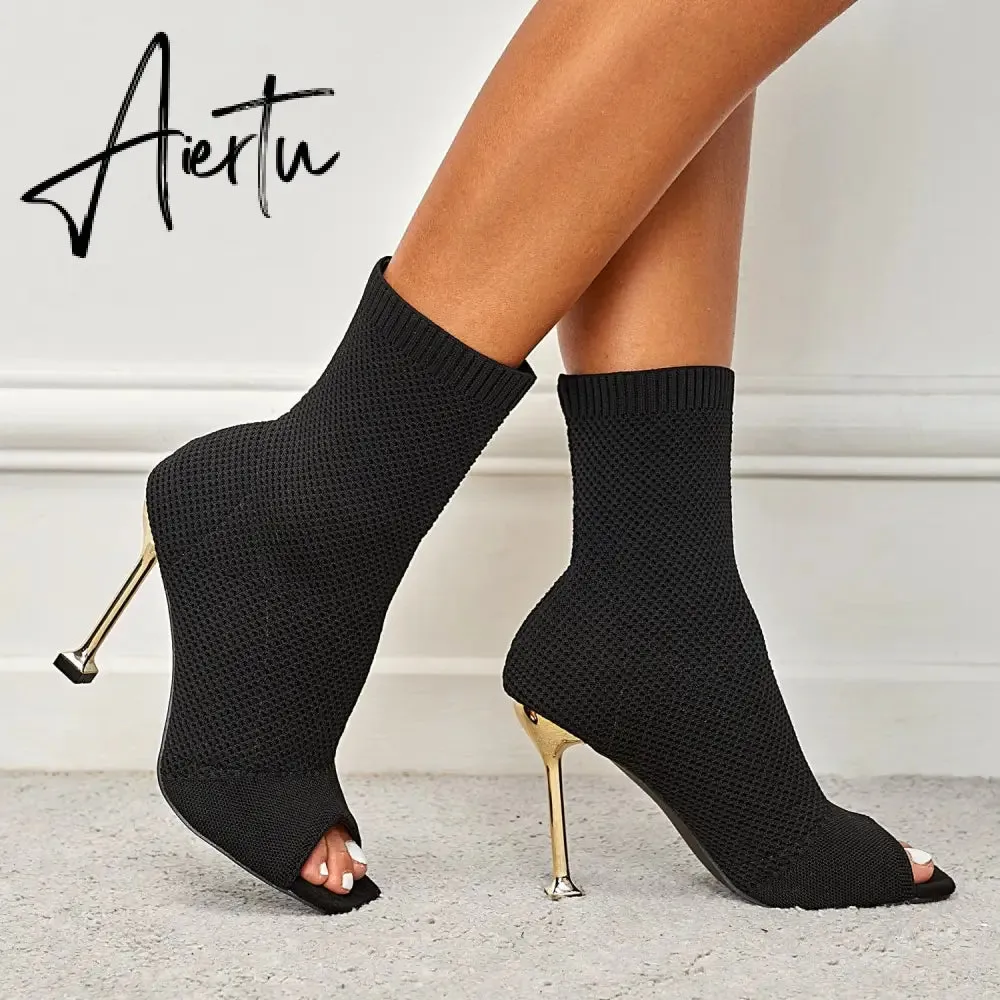 MOUSSE FIT Women Peep Toe Stiletto Heeled Sock Boots