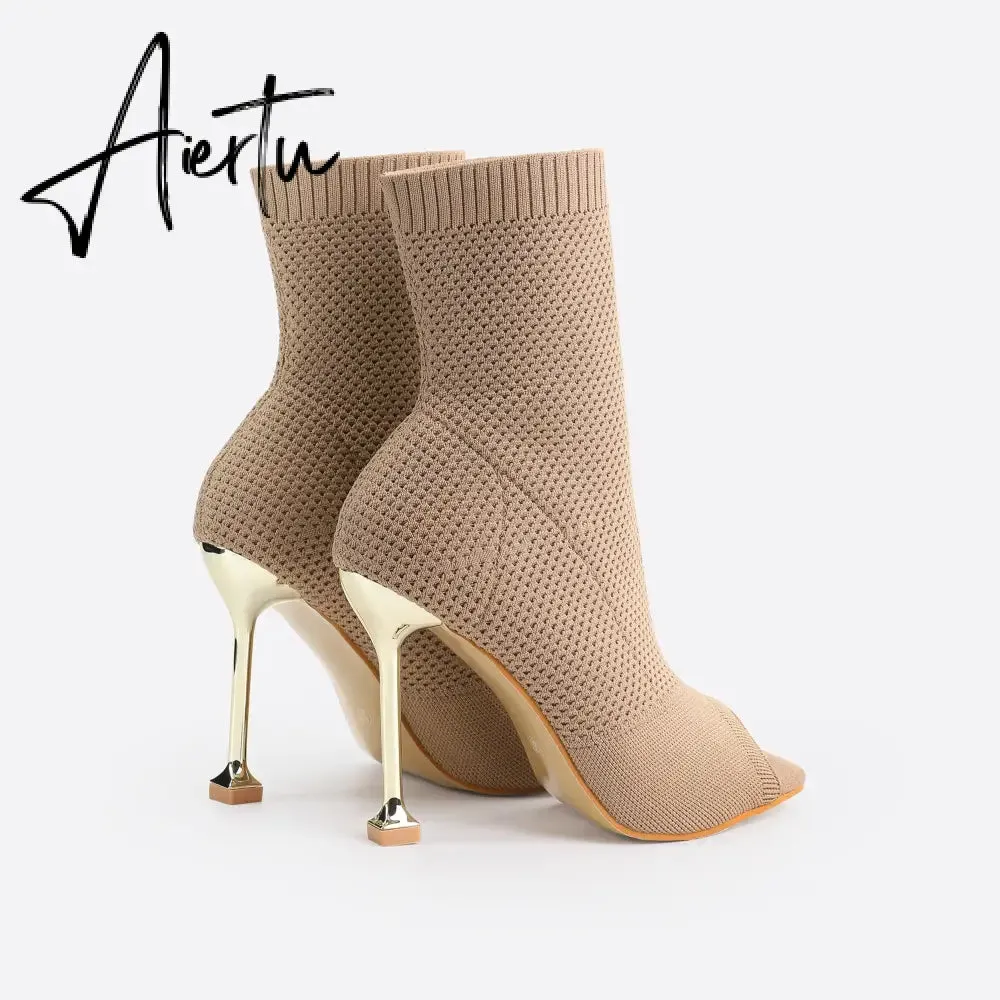 MOUSSE FIT Women Peep Toe Stiletto Heeled Sock Boots