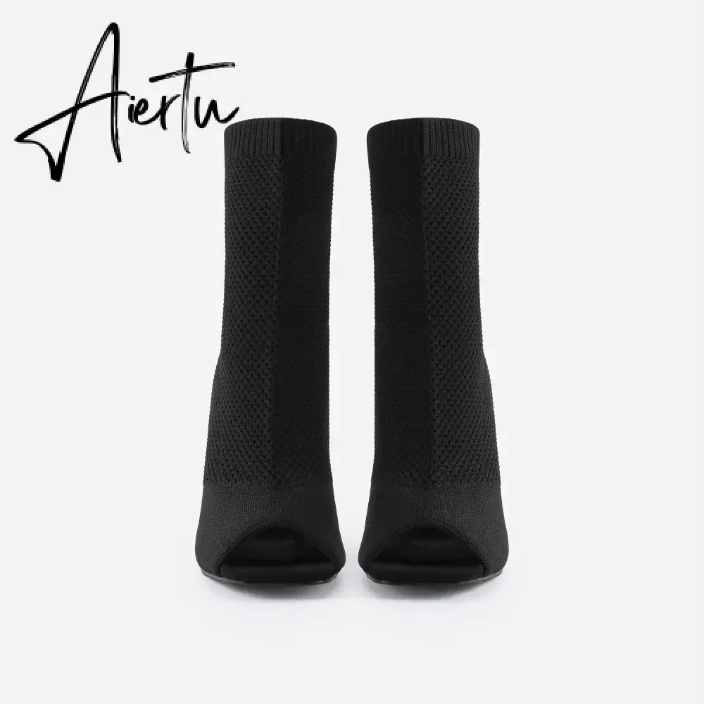MOUSSE FIT Women Peep Toe Stiletto Heeled Sock Boots