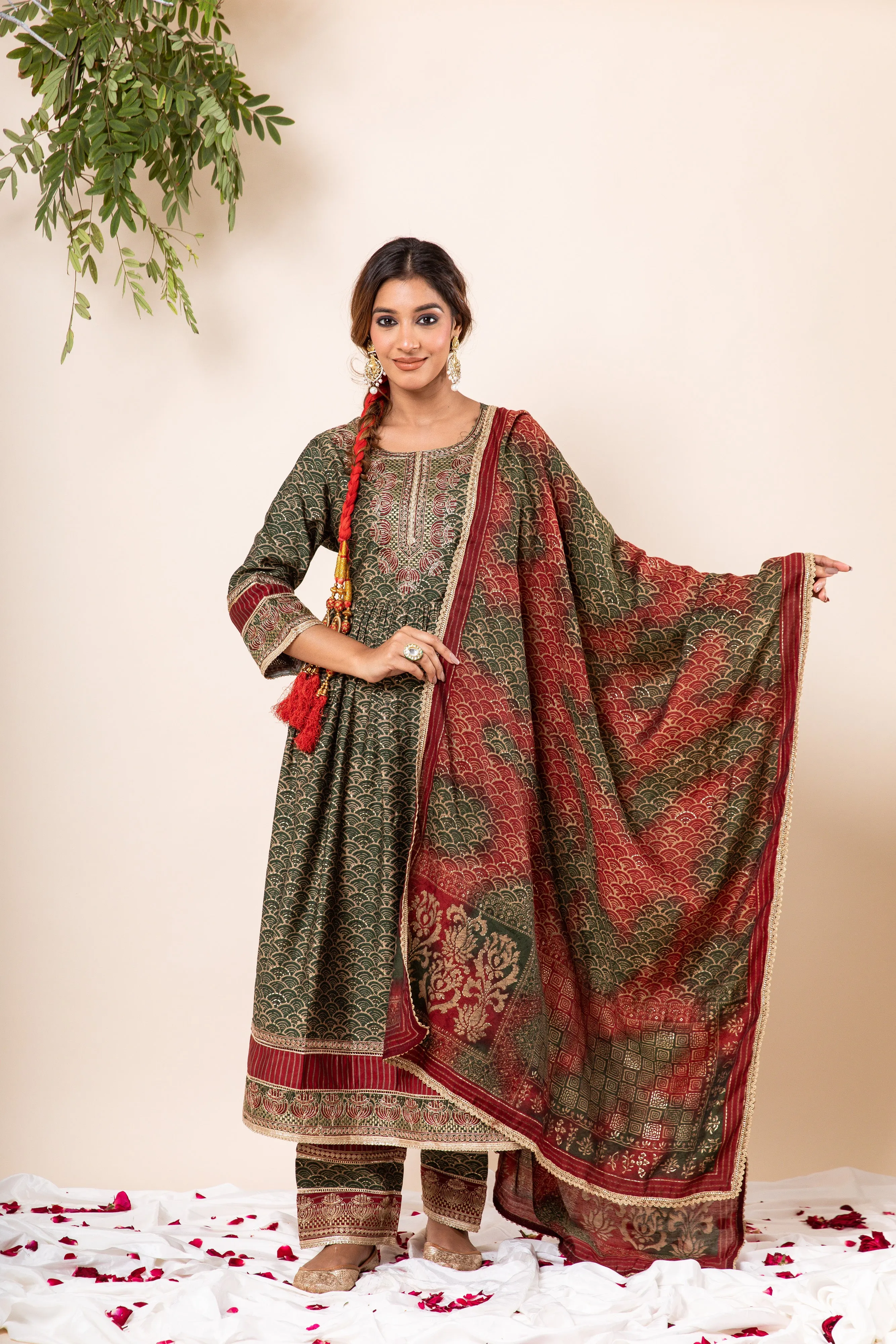 Nazakat Women's Mehendi Green Color Muslin Flared Kurta Palazzo & Dupatta Set