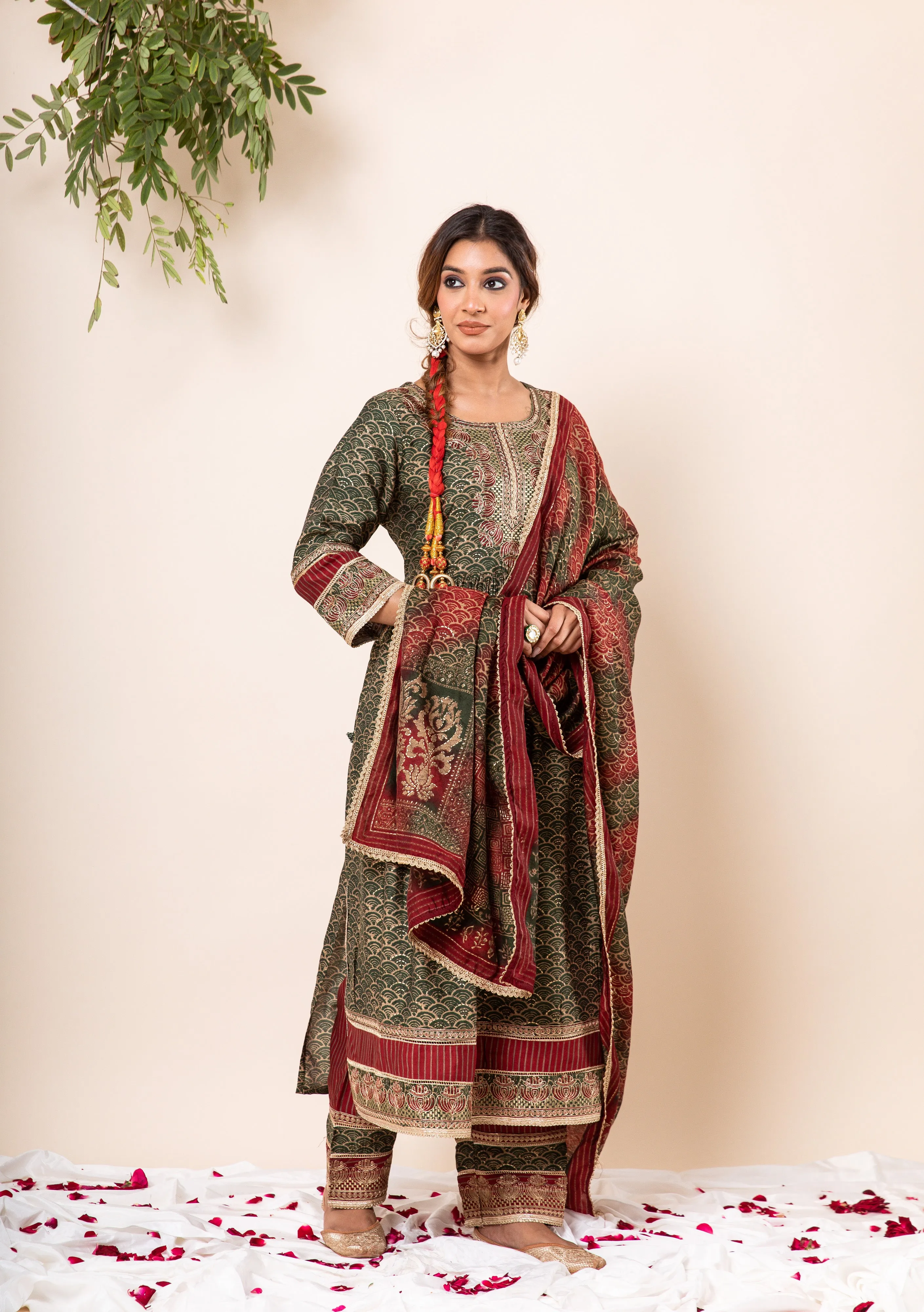 Nazakat Women's Mehendi Green Color Muslin Flared Kurta Palazzo & Dupatta Set
