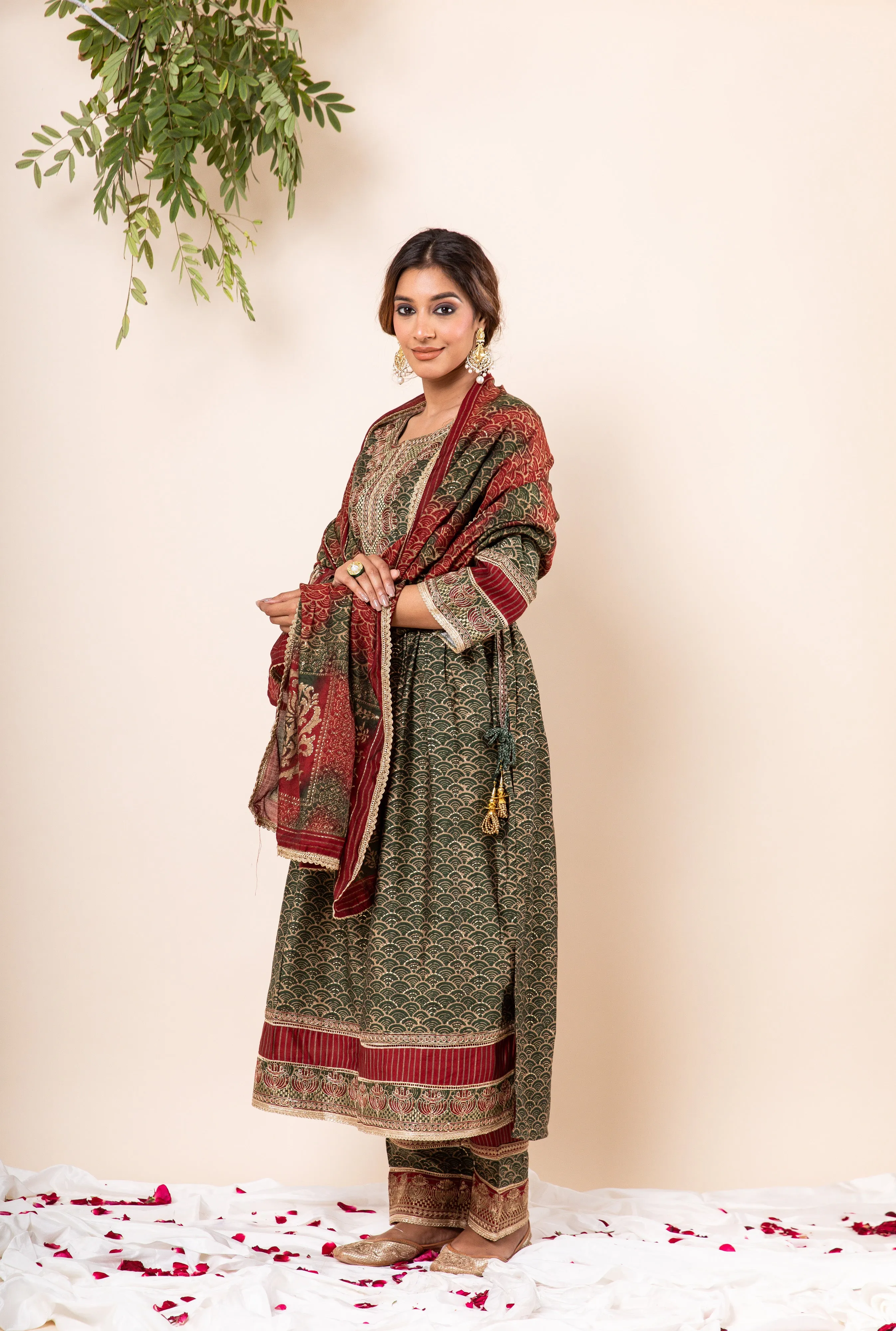 Nazakat Women's Mehendi Green Color Muslin Flared Kurta Palazzo & Dupatta Set