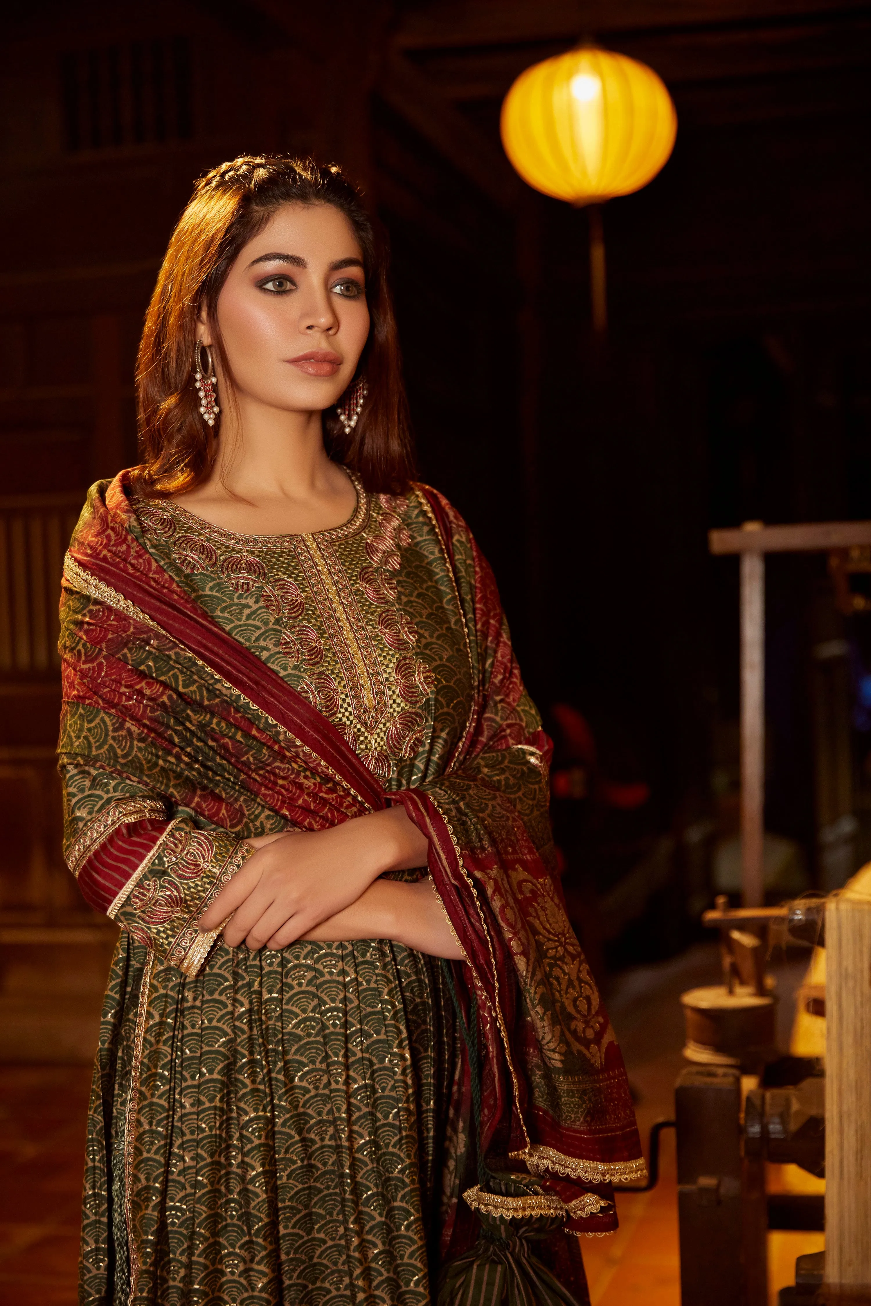 Nazakat Women's Mehendi Green Color Muslin Flared Kurta Palazzo & Dupatta Set