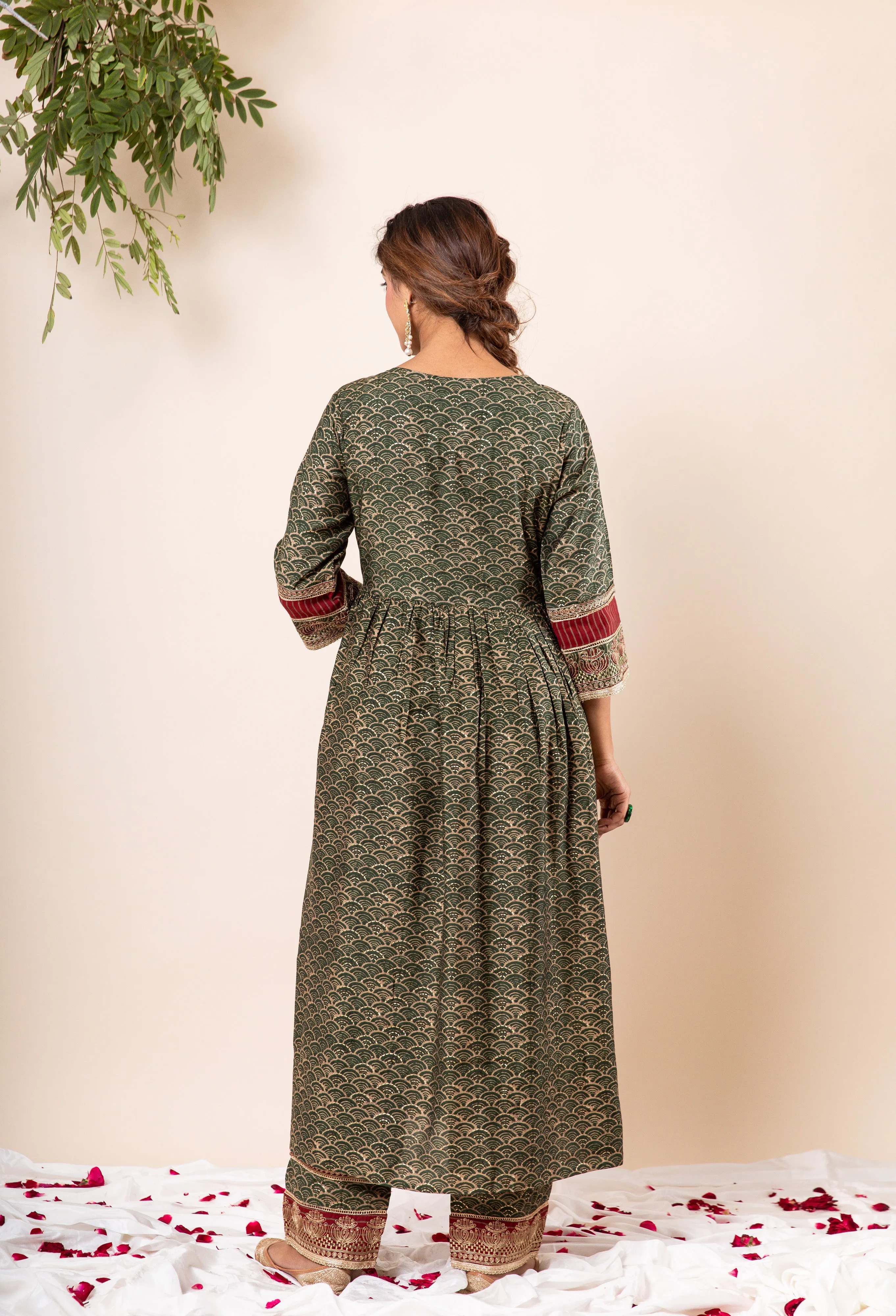 Nazakat Women's Mehendi Green Color Muslin Flared Kurta Palazzo & Dupatta Set