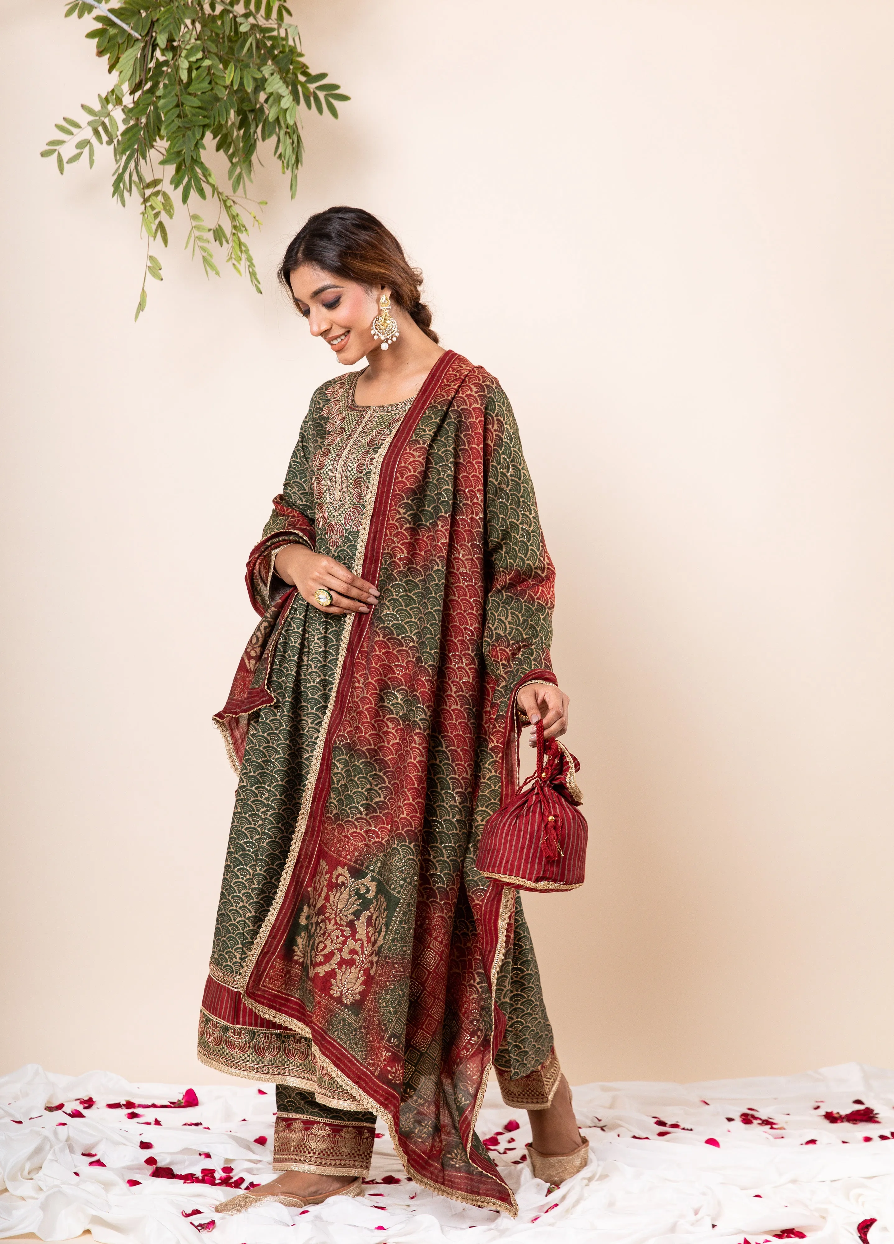 Nazakat Women's Mehendi Green Color Muslin Flared Kurta Palazzo & Dupatta Set