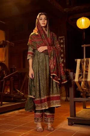 Nazakat Women's Mehendi Green Color Muslin Flared Kurta Palazzo & Dupatta Set