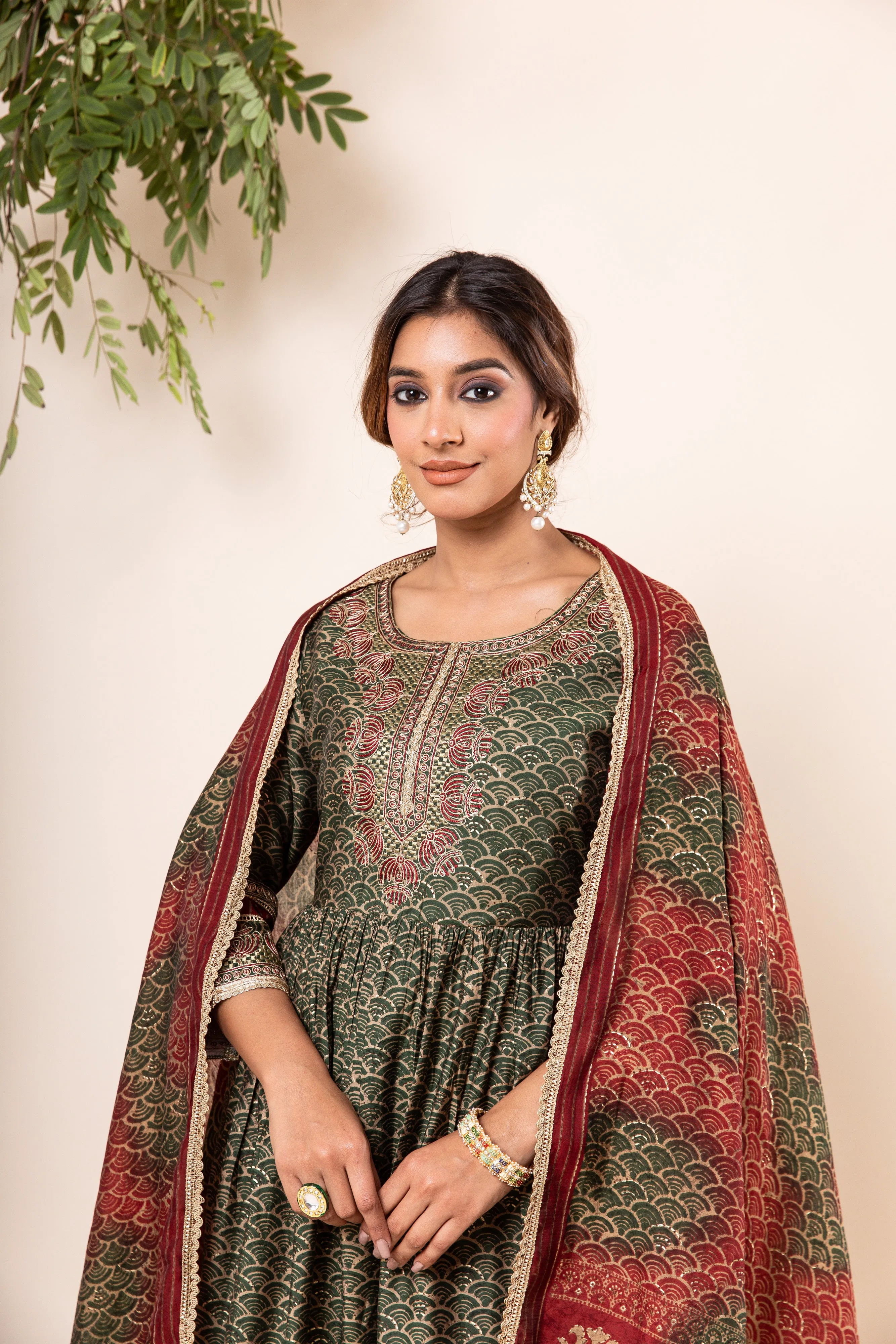 Nazakat Women's Mehendi Green Color Muslin Flared Kurta Palazzo & Dupatta Set
