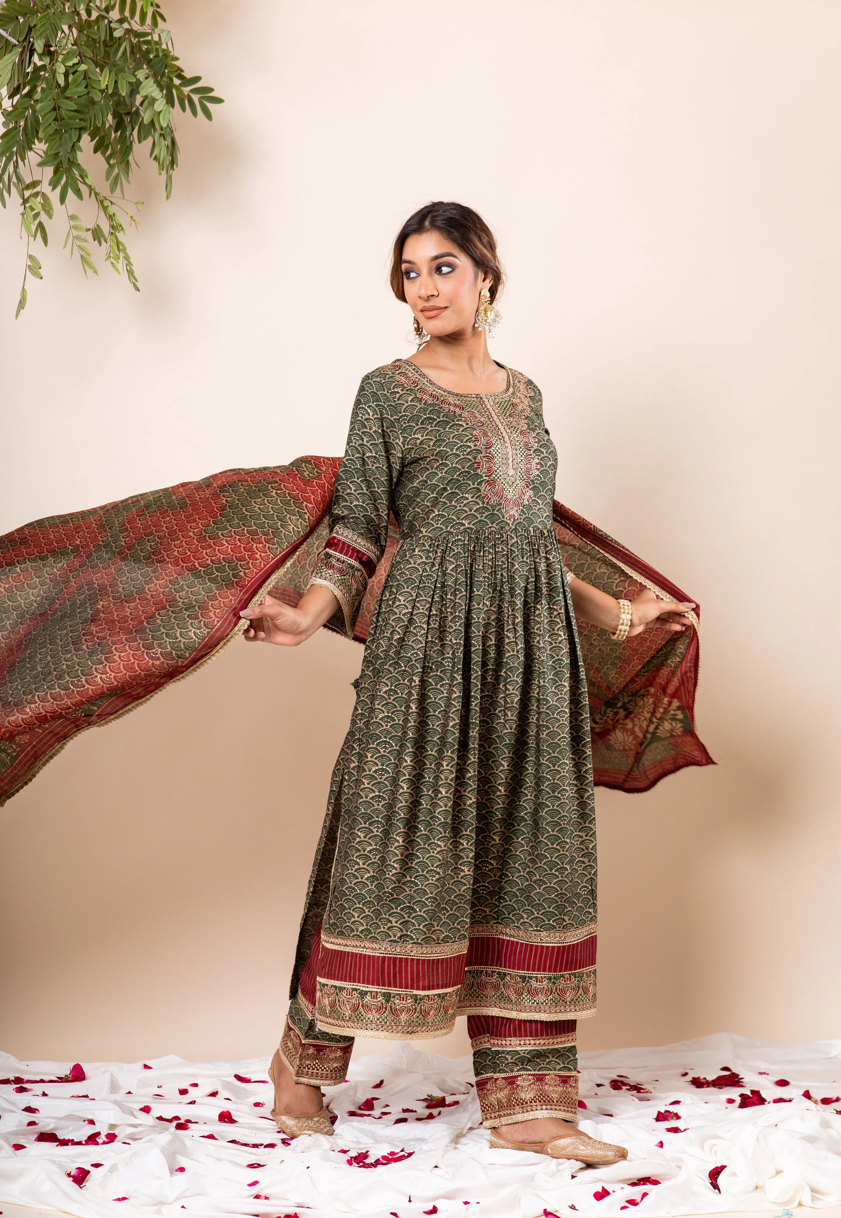 Nazakat Women's Mehendi Green Color Muslin Flared Kurta Palazzo & Dupatta Set