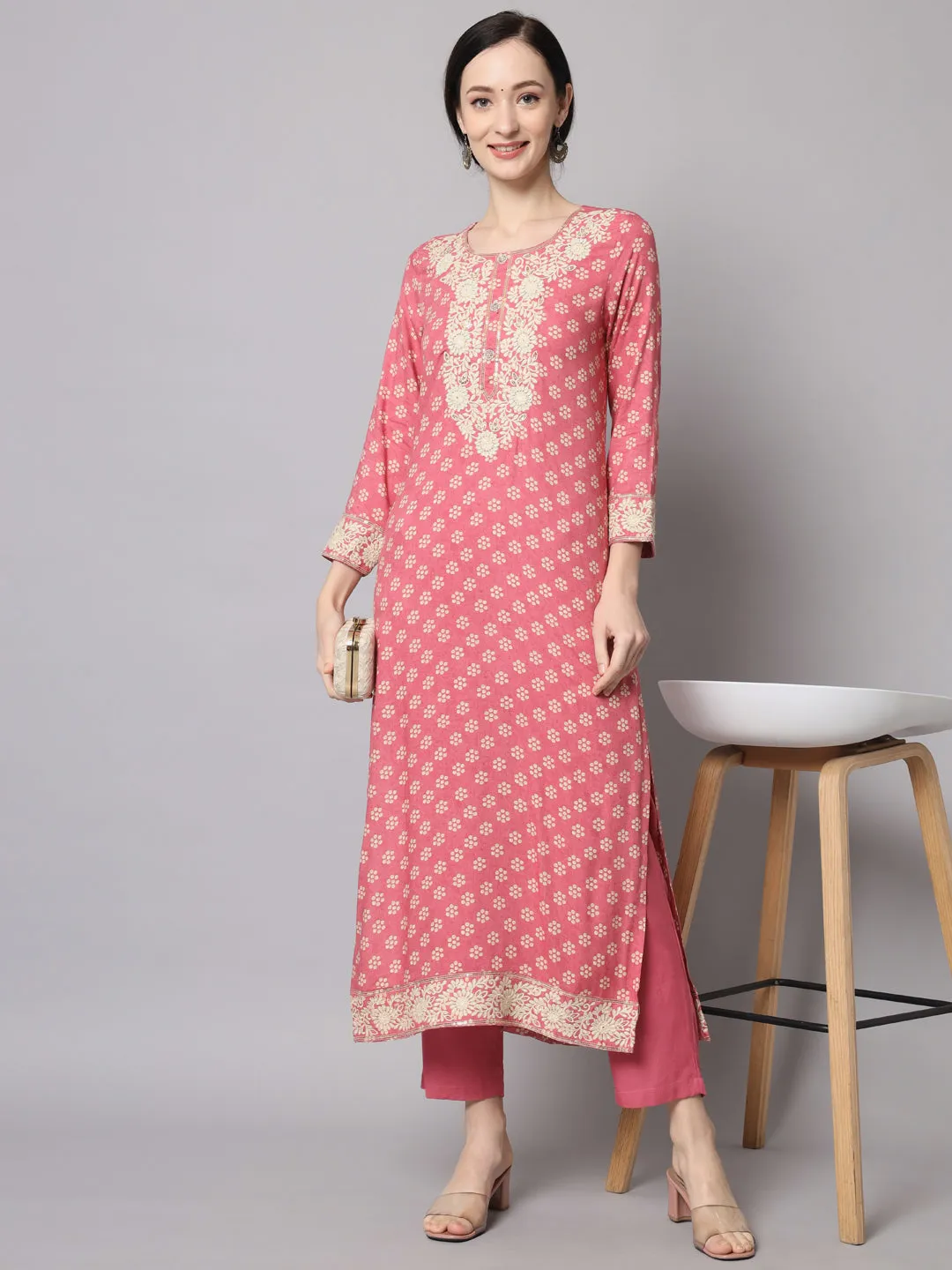 Nehamta Onion Pink Color Rayon Straight Women's Kurta With Pant