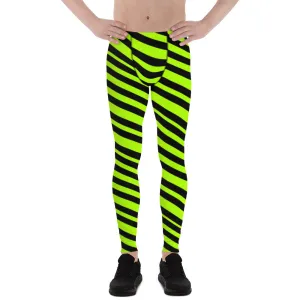 Neon Green Striped Men's Leggings, Diagonal Striped Colors Men's Leggings, Colorful Black Green Stripes Gym Tights For Men - Made in USA/EU/MX