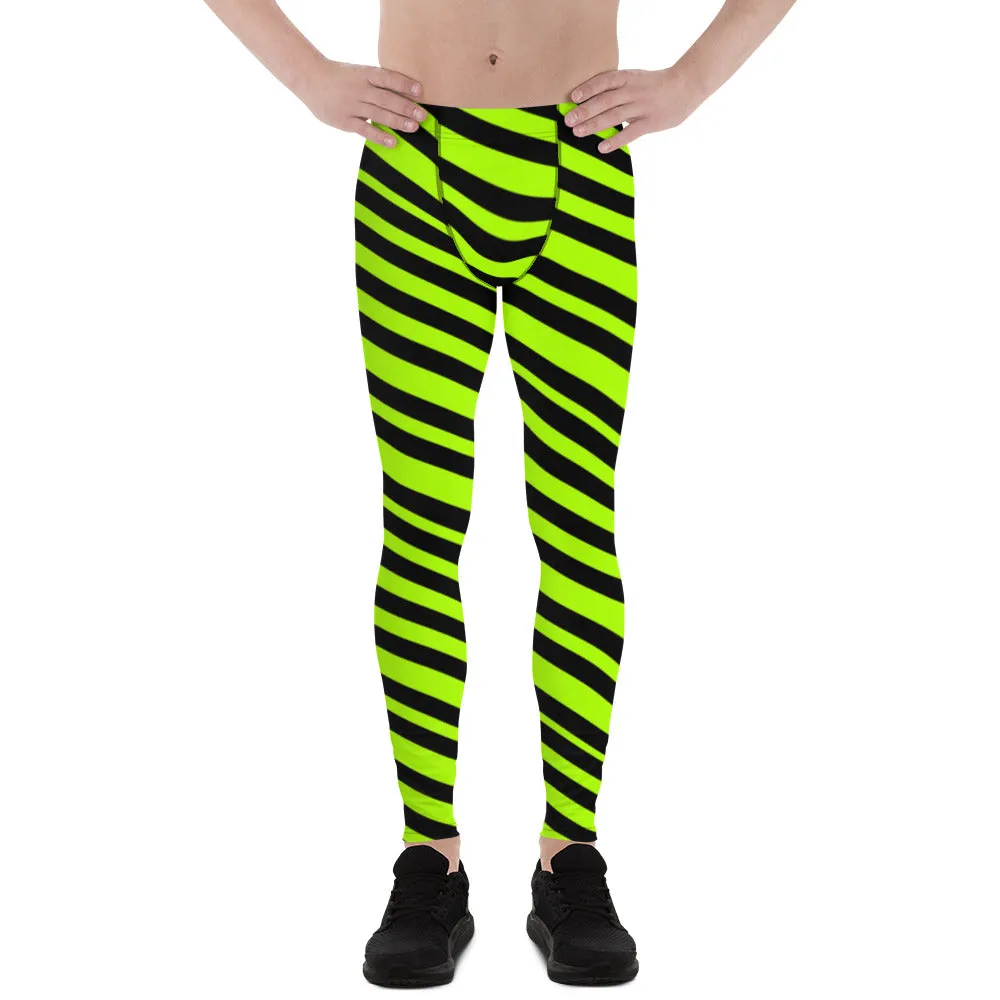 Neon Green Striped Men's Leggings, Diagonal Striped Colors Men's Leggings, Colorful Black Green Stripes Gym Tights For Men - Made in USA/EU/MX