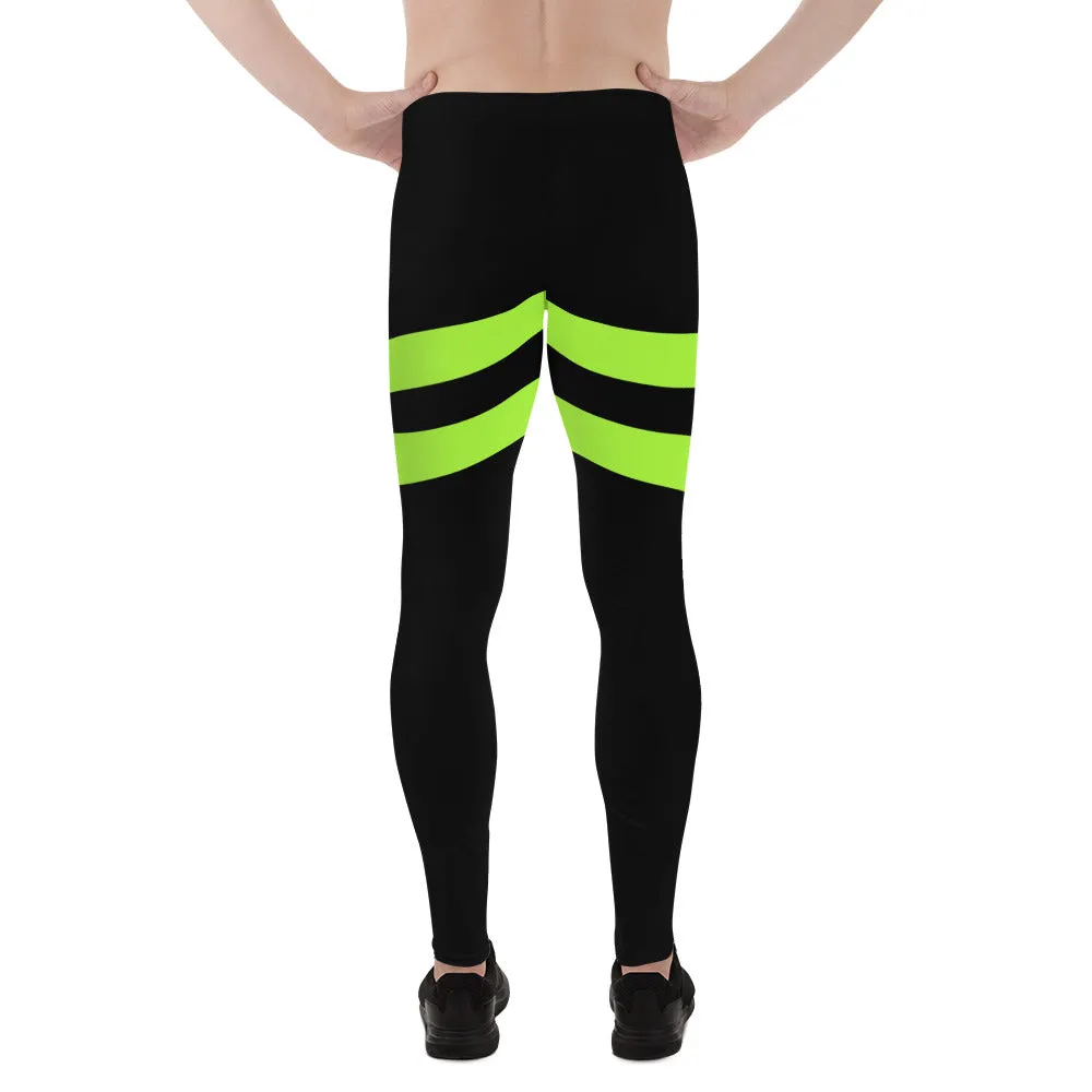 Neon Green Stripes Men's Leggings, Striped Colors Men's Leggings, Colorful Striped Green Black Gym Tights For Men - Made in USA/EU/MX