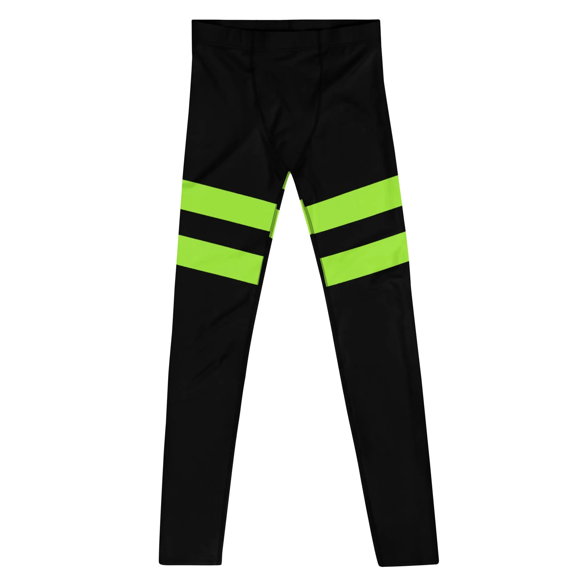 Neon Green Stripes Men's Leggings, Striped Colors Men's Leggings, Colorful Striped Green Black Gym Tights For Men - Made in USA/EU/MX