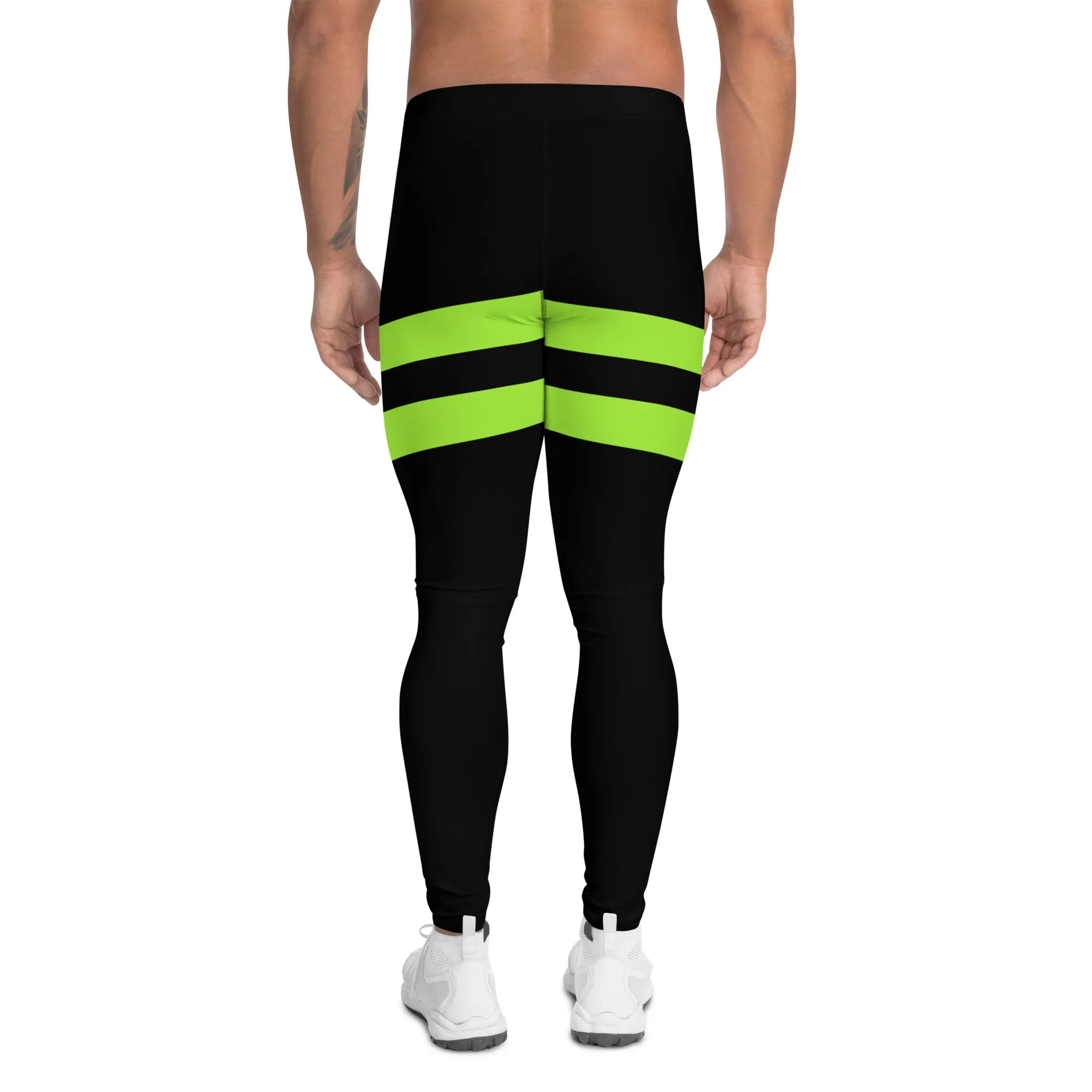 Neon Green Stripes Men's Leggings, Striped Colors Men's Leggings, Colorful Striped Green Black Gym Tights For Men - Made in USA/EU/MX