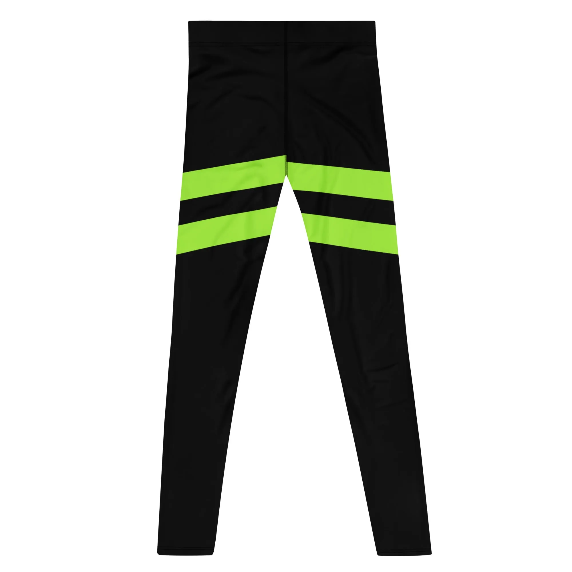 Neon Green Stripes Men's Leggings, Striped Colors Men's Leggings, Colorful Striped Green Black Gym Tights For Men - Made in USA/EU/MX
