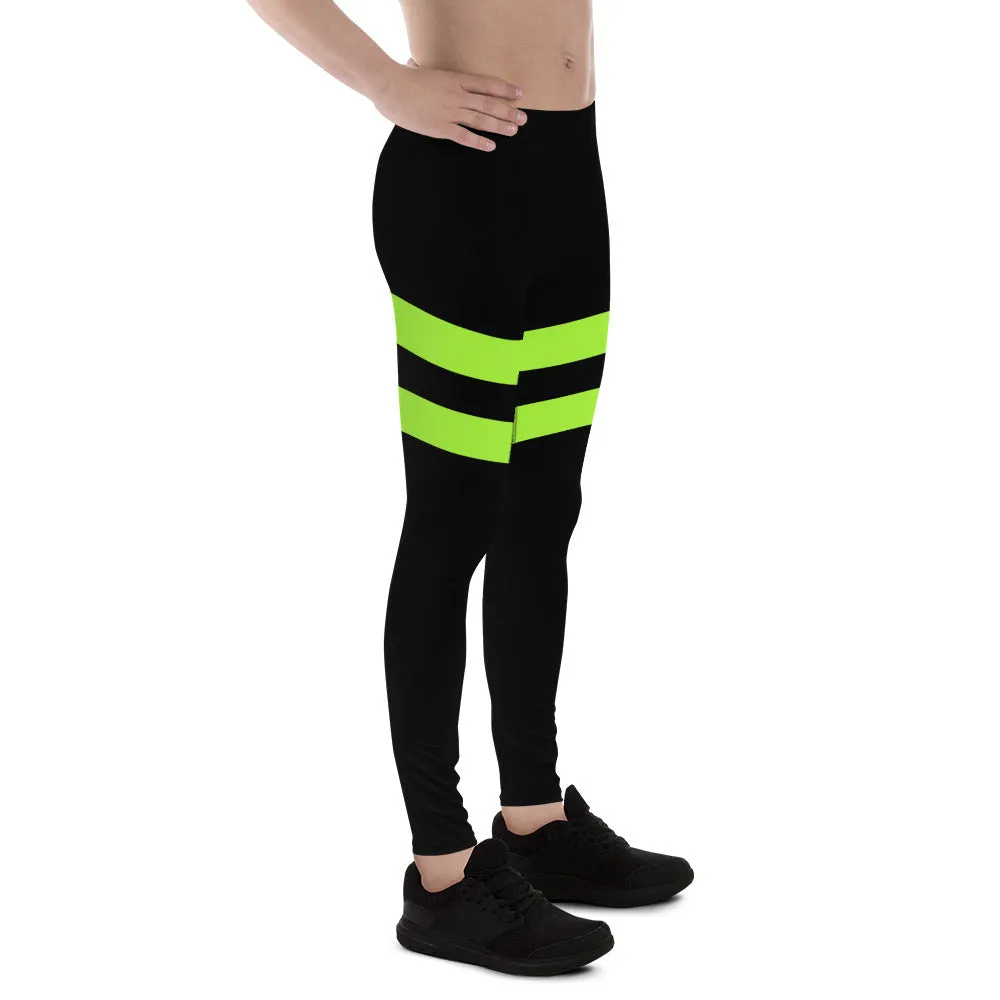 Neon Green Stripes Men's Leggings, Striped Colors Men's Leggings, Colorful Striped Green Black Gym Tights For Men - Made in USA/EU/MX