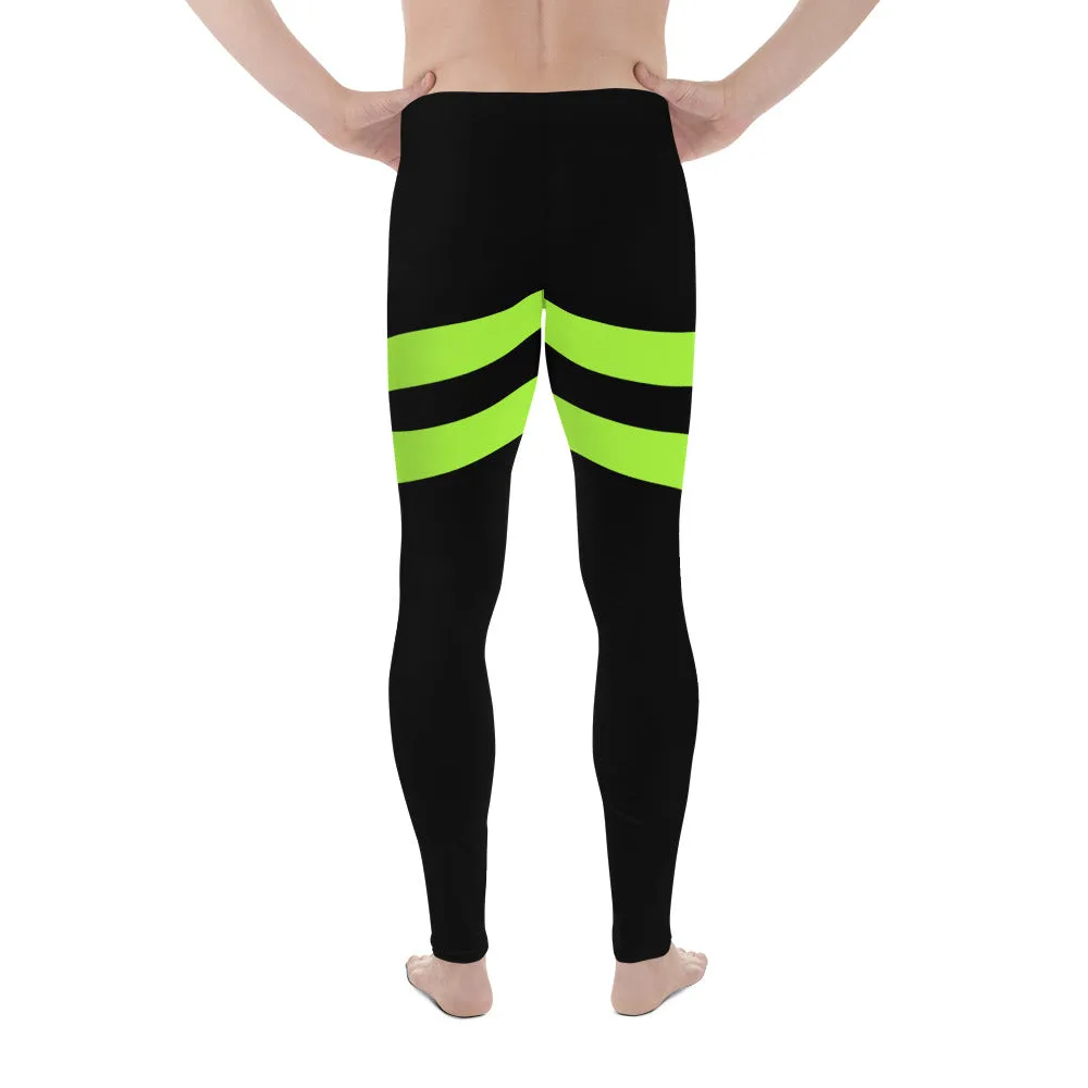 Neon Green Stripes Men's Leggings, Striped Colors Men's Leggings, Colorful Striped Green Black Gym Tights For Men - Made in USA/EU/MX