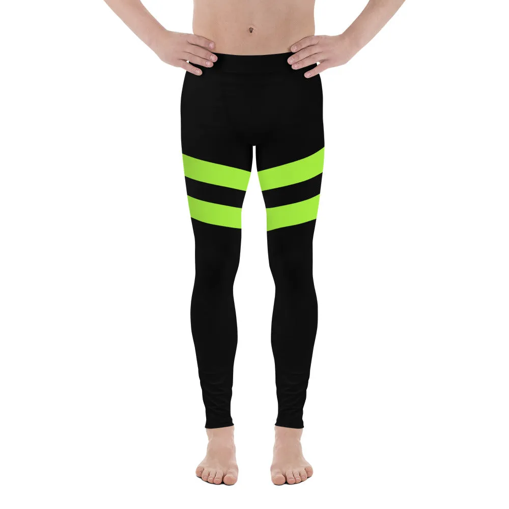 Neon Green Stripes Men's Leggings, Striped Colors Men's Leggings, Colorful Striped Green Black Gym Tights For Men - Made in USA/EU/MX