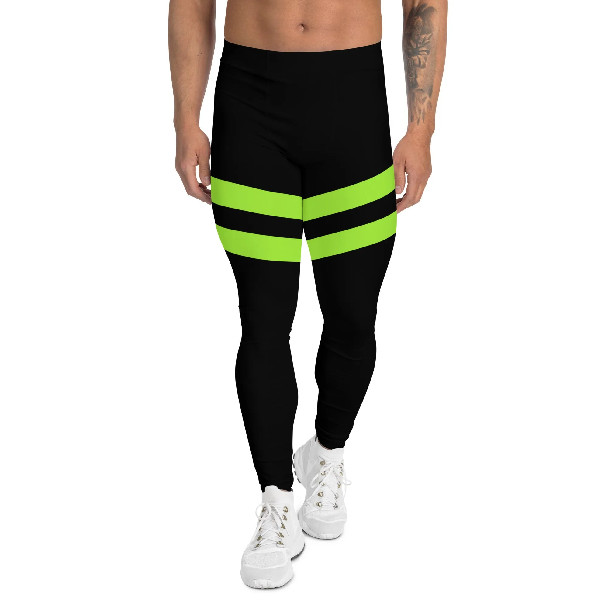 Neon Green Stripes Men's Leggings, Striped Colors Men's Leggings, Colorful Striped Green Black Gym Tights For Men - Made in USA/EU/MX