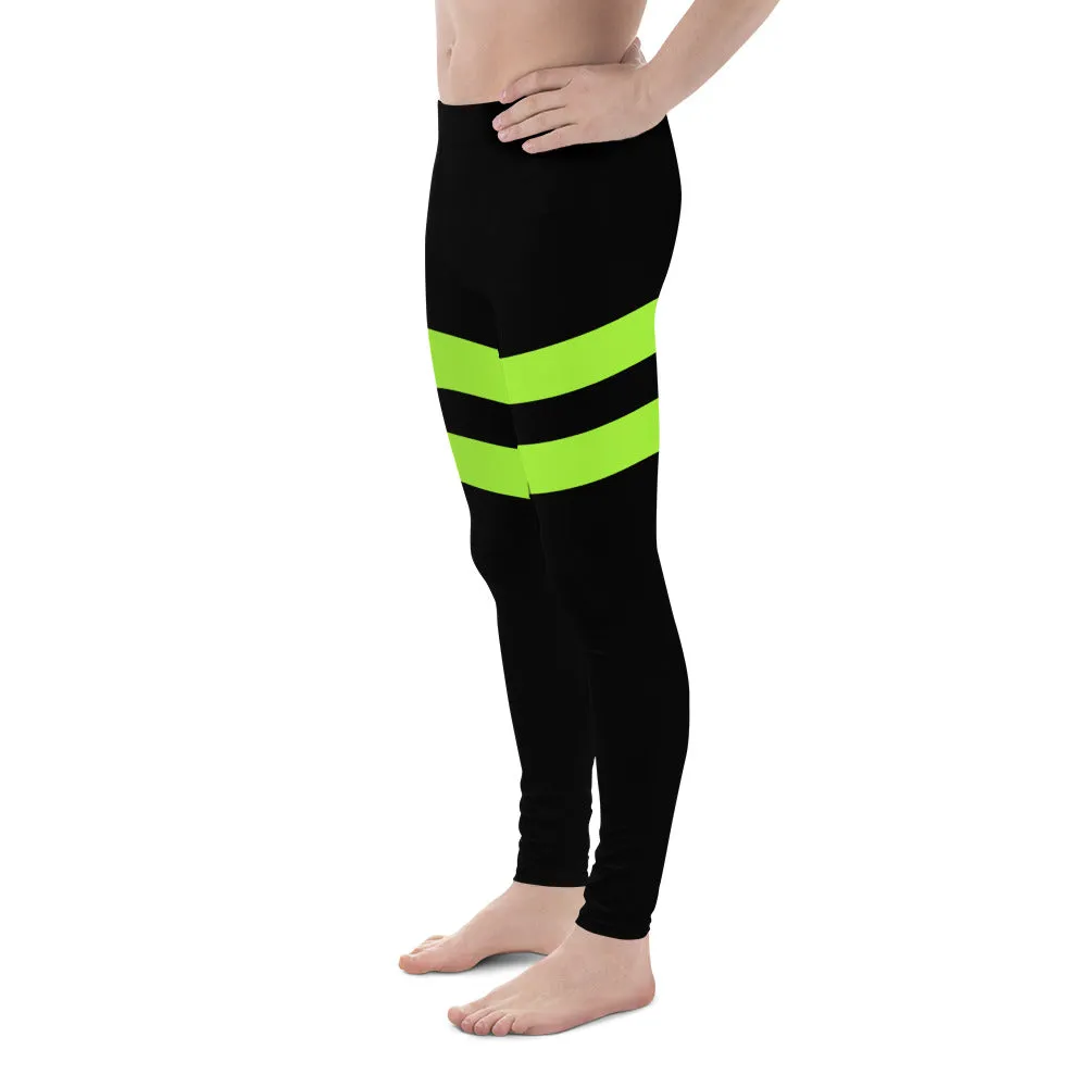 Neon Green Stripes Men's Leggings, Striped Colors Men's Leggings, Colorful Striped Green Black Gym Tights For Men - Made in USA/EU/MX