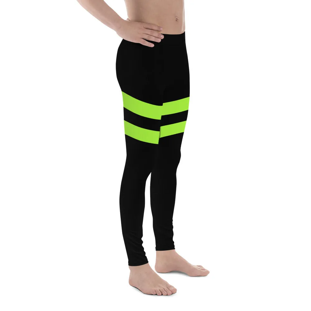 Neon Green Stripes Men's Leggings, Striped Colors Men's Leggings, Colorful Striped Green Black Gym Tights For Men - Made in USA/EU/MX