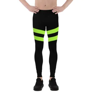 Neon Green Stripes Men's Leggings, Striped Colors Men's Leggings, Colorful Striped Green Black Gym Tights For Men - Made in USA/EU/MX