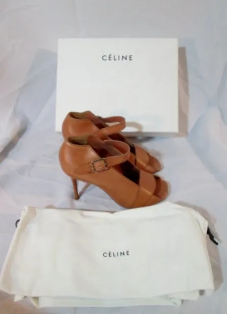 NEW CELINE PARIS ITALY NUDE LEATHER Open Toe Pump Sandal Shoe 37 / 6.5 Womens High Heel