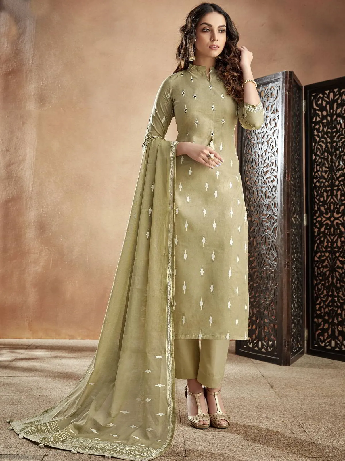 Olive Green Casual Pakistani Pant Suit