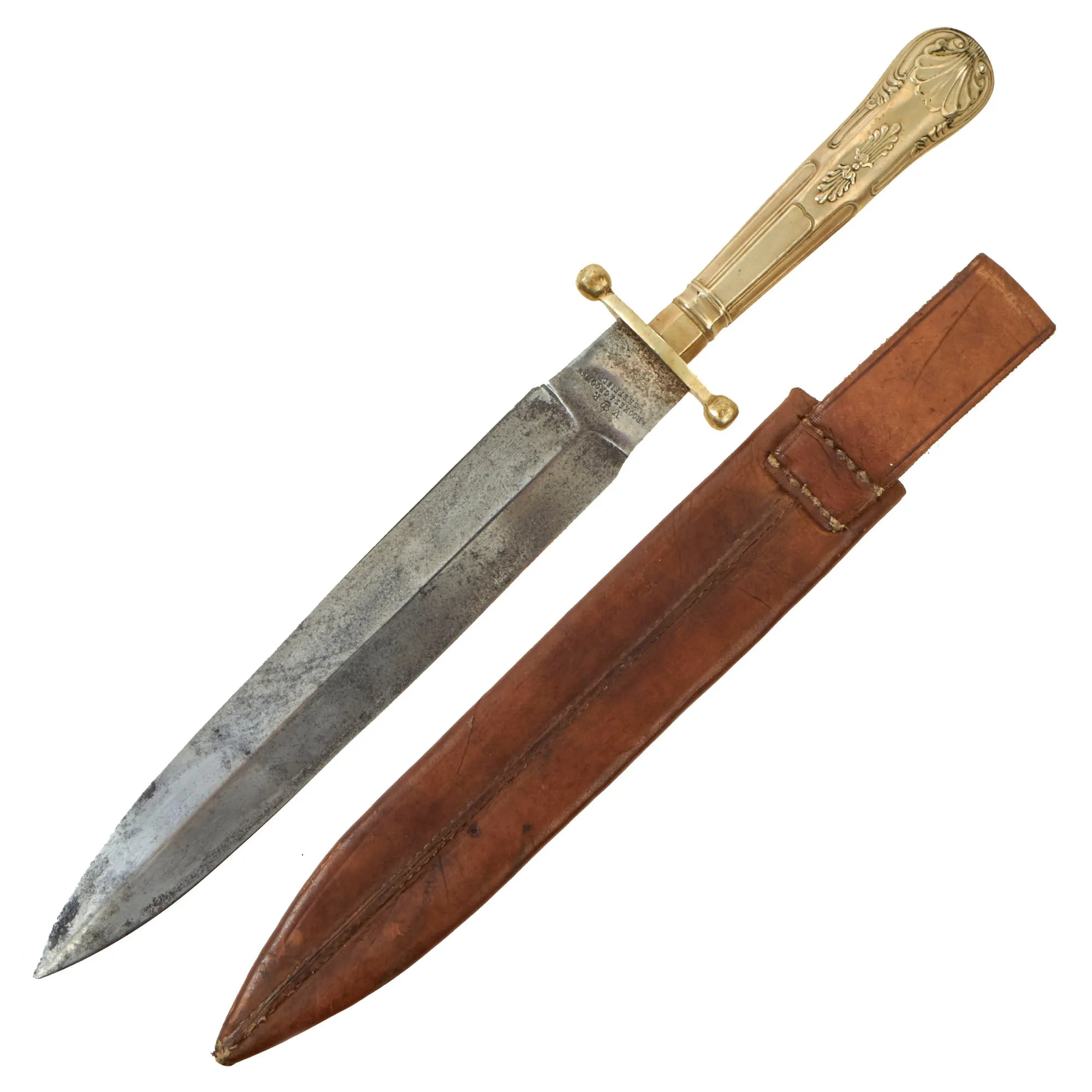 Original U.S. Late Western Gold Rush California Bowie Knife “I Can Dig Gold From Quartz” Etched Blade and Sheath by Brookes & Crookes of Sheffield