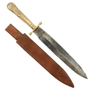 Original U.S. Late Western Gold Rush California Bowie Knife “I Can Dig Gold From Quartz” Etched Blade and Sheath by Brookes & Crookes of Sheffield