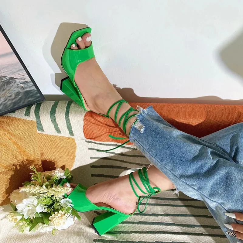 Patent Green Ankle Cross Strap high heel Sandals
